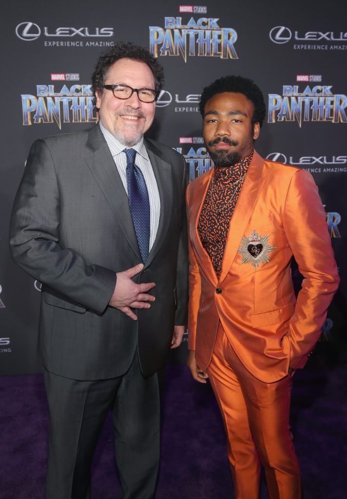 Director/actor Jon Favreau (L) and actor/singer Donald Glover at the Los Angeles World Premiere of Marvel Studios' BLACK PANTHER at Dolby Theatre on January 29, 2018 in Hollywood, California.  (Photo by Jesse Grant/Getty Images for Disney)
