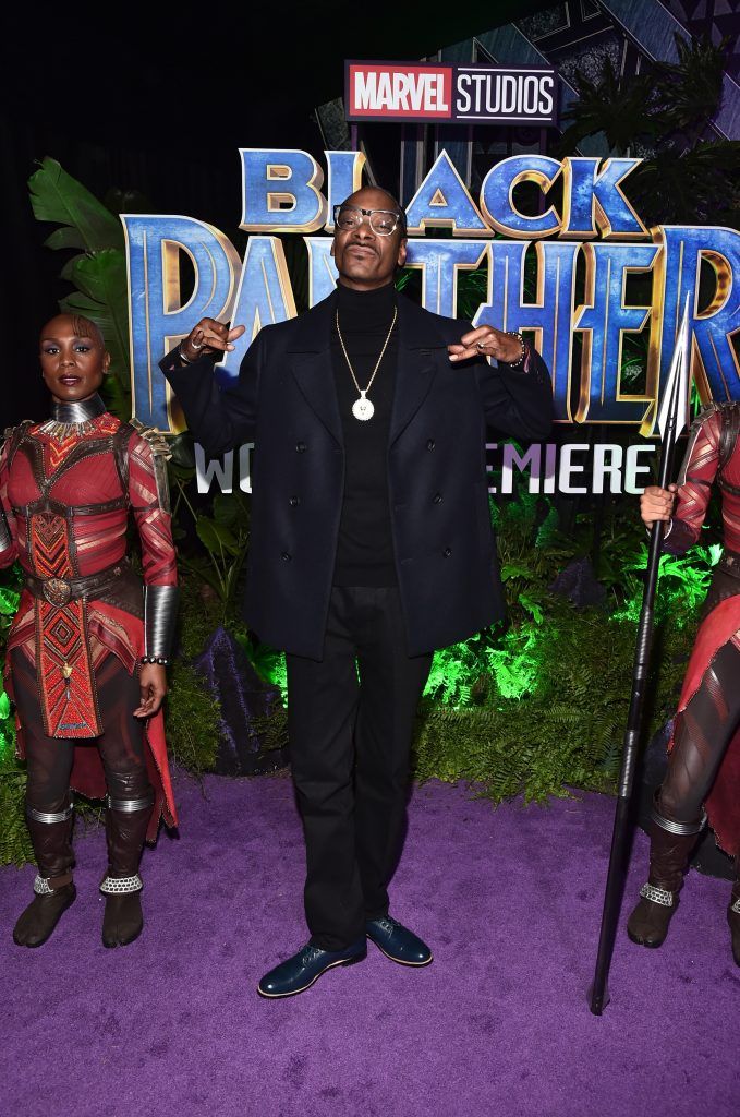 Rapper Snoop Dogg (C) at the Los Angeles World Premiere of Marvel Studios' BLACK PANTHER at Dolby Theatre on January 29, 2018 in Hollywood, California.  (Photo by Alberto E. Rodriguez/Getty Images for Disney)