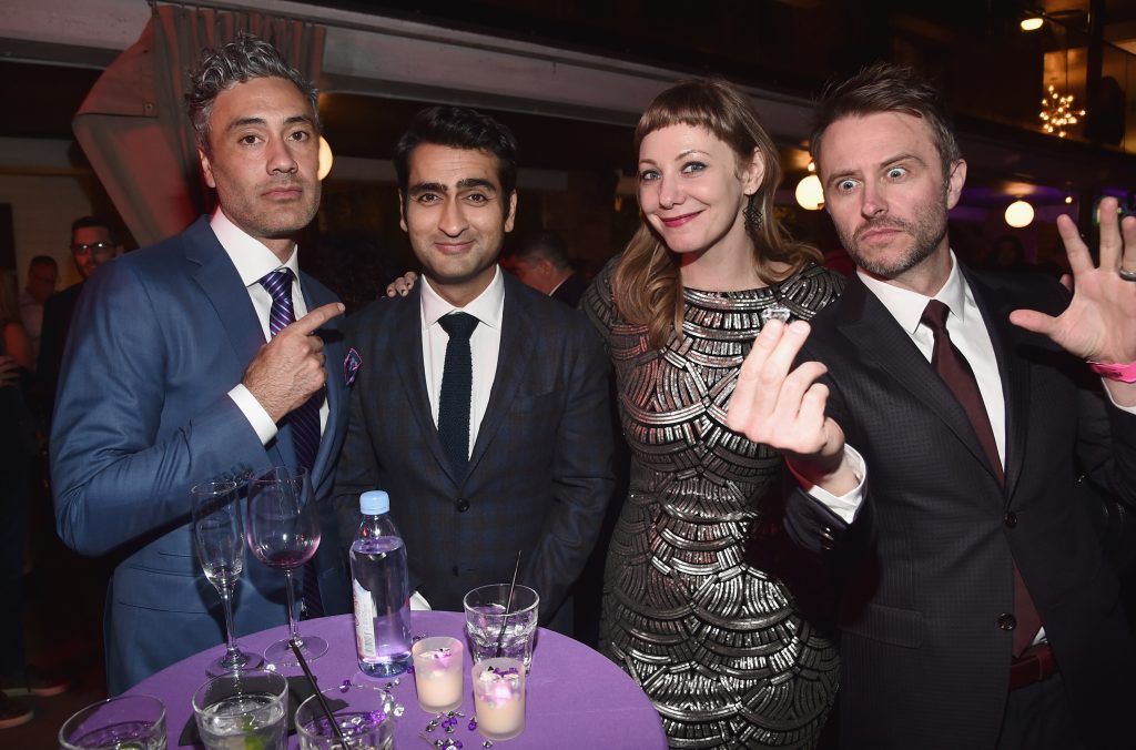 Director Taika Waititi, actor Kumail Nanjiani, writer Emily V. Gordon, and TV personality Chris Hardwick at the Los Angeles World Premiere of Marvel Studios' BLACK PANTHER at Dolby Theatre on January 29, 2018 in Hollywood, California.  (Photo by Alberto E. Rodriguez/Getty Images for Disney)