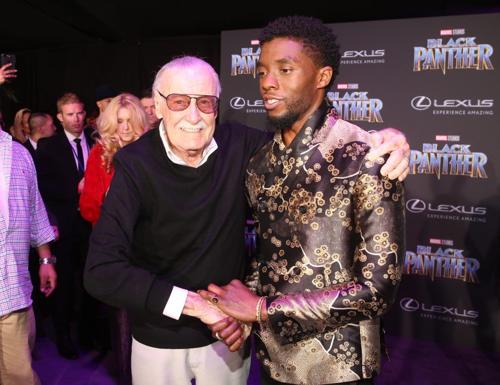 Executive producer Stan Lee (L) and actor Chadwick Boseman at the Los Angeles World Premiere of Marvel Studios' BLACK PANTHER at Dolby Theatre on January 29, 2018 in Hollywood, California.  (Photo by Jesse Grant/Getty Images for Disney)
