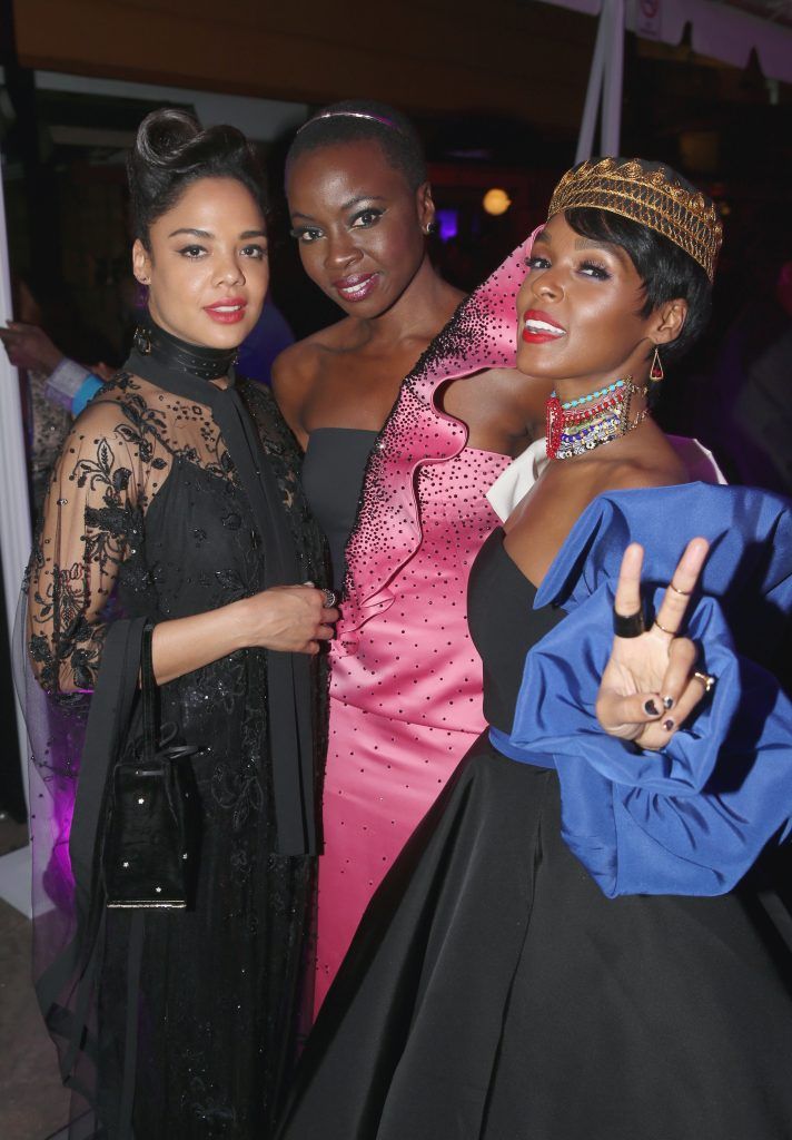 Actor Tessa Thompson, actor Danai Gurira and recording artist Janelle Monae at the Los Angeles World Premiere of Marvel Studios' BLACK PANTHER at Dolby Theatre on January 29, 2018 in Hollywood, California.  (Photo by Jesse Grant/Getty Images for Disney)