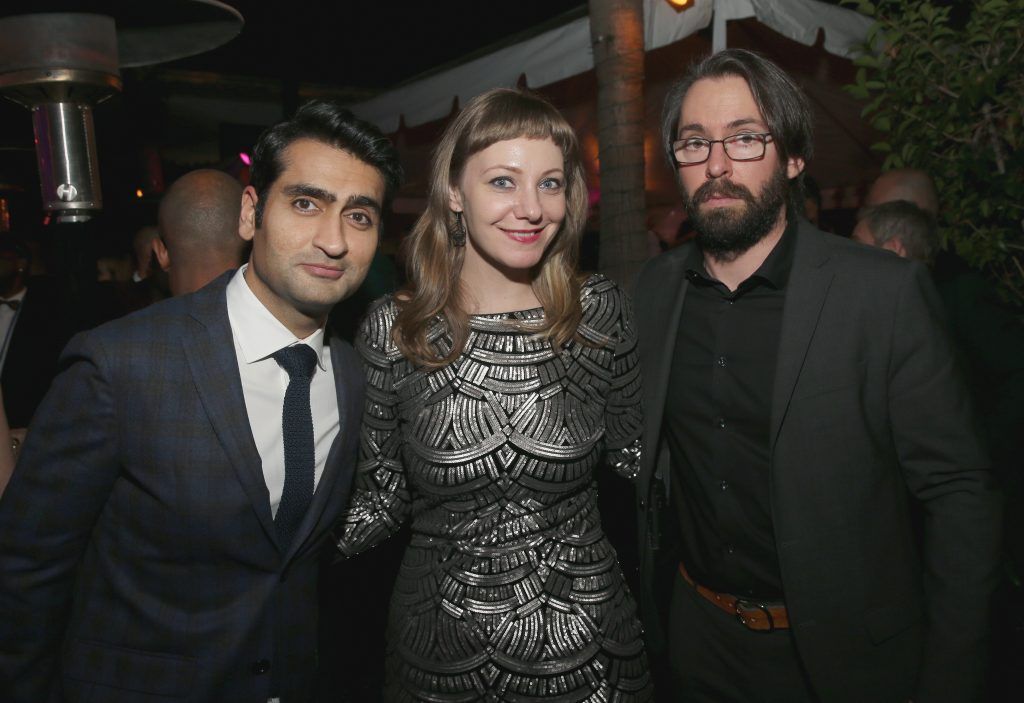 Actor Kumail Nanjiani, writer Emily V. Gordon and actor Martin Starr at the Los Angeles World Premiere of Marvel Studios' BLACK PANTHER at Dolby Theatre on January 29, 2018 in Hollywood, California.  (Photo by Jesse Grant/Getty Images for Disney)