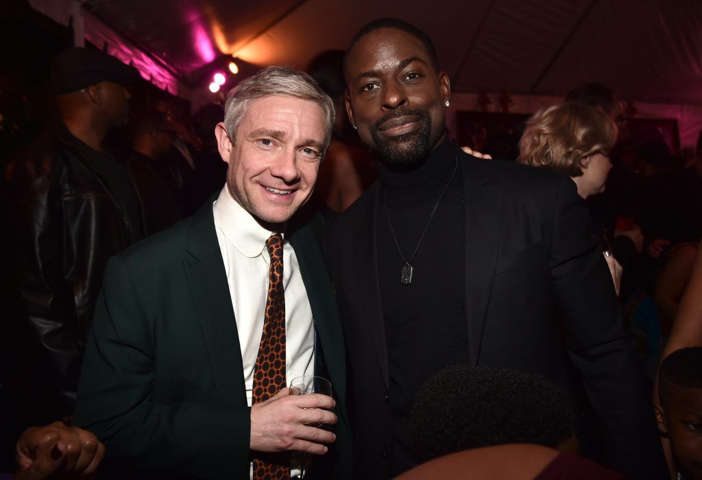 Actors Martin Freeman (L) and Sterling K. Brown at the Los Angeles World Premiere of Marvel Studios' BLACK PANTHER at Dolby Theatre on January 29, 2018 in Hollywood, California.  (Photo by Alberto E. Rodriguez/Getty Images for Disney)