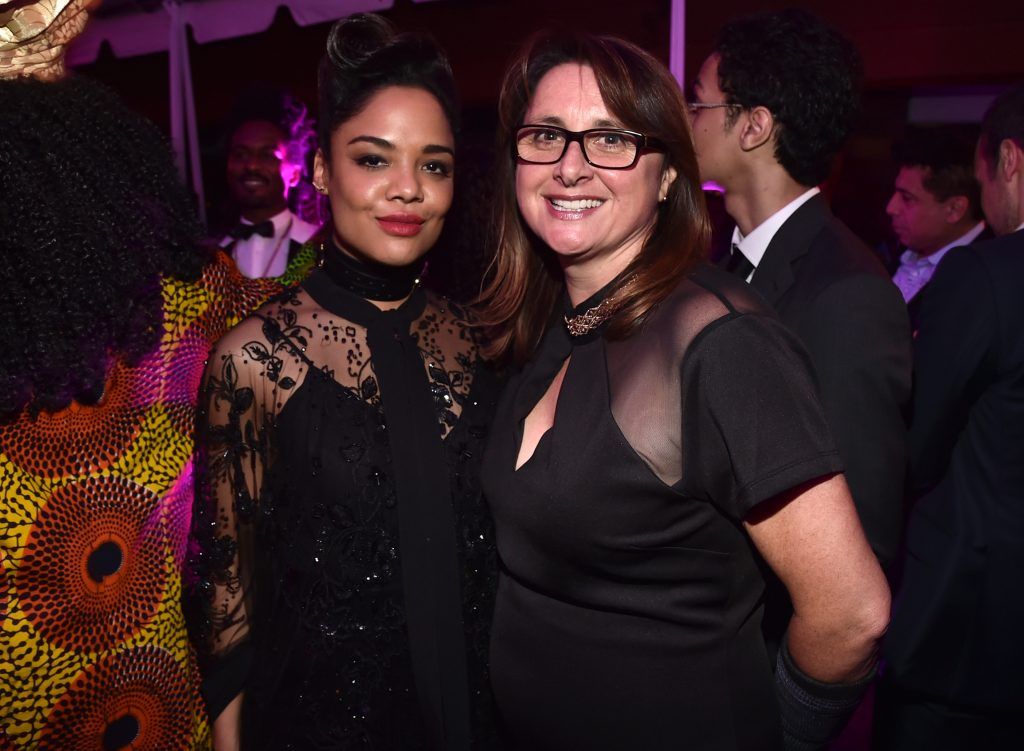 Actor Tessa Thompson (L) and producer Victoria Alonso at the Los Angeles World Premiere of Marvel Studios' BLACK PANTHER at Dolby Theatre on January 29, 2018 in Hollywood, California.  (Photo by Alberto E. Rodriguez/Getty Images for Disney)
