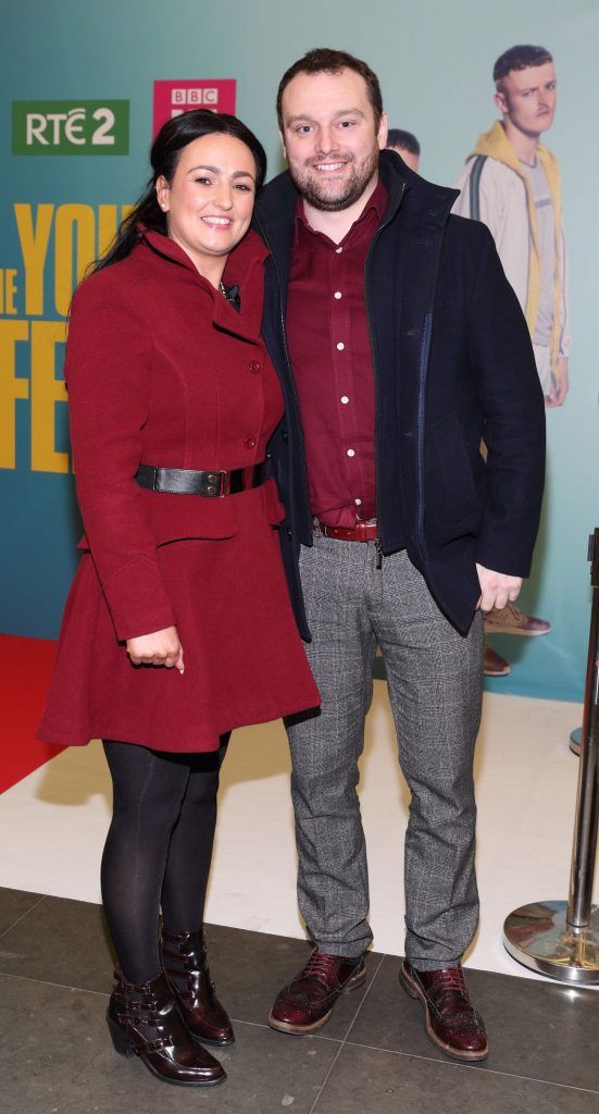 Annette Phelan and James Gibbons at the launch of the new Young Offenders television series at the ODEON Cinema in Point Square, Dublin. 'The Young Offenders' debuts on RTE2 on Thursday 8th February at 9.30pm. Photo by Morris Wall