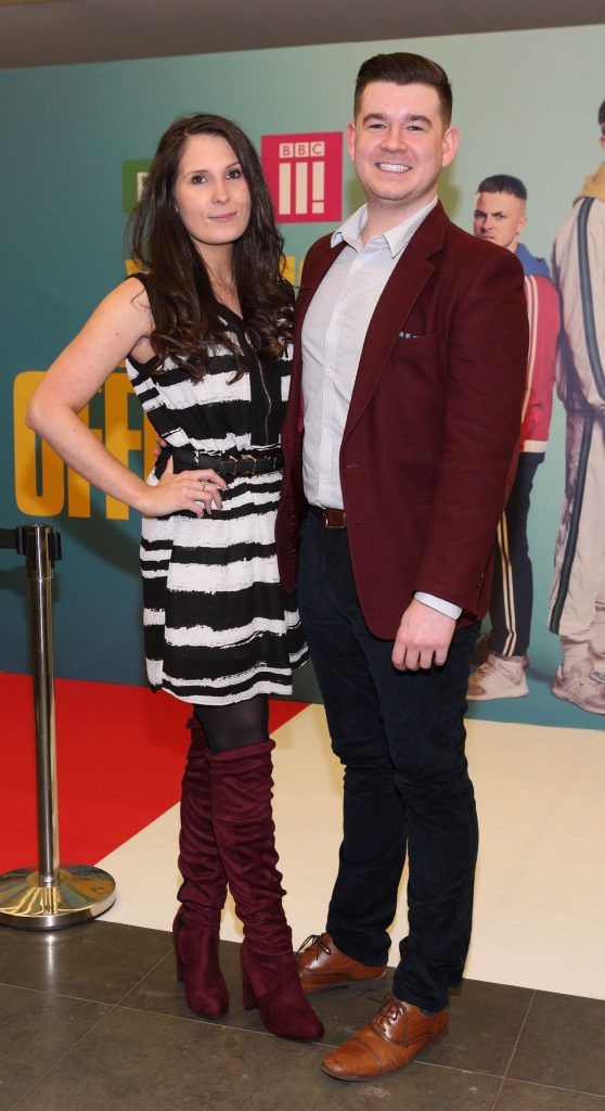 Dani Masterson and Robert Russell at the launch of the new Young Offenders television series at the ODEON Cinema in Point Square, Dublin. 'The Young Offenders' debuts on RTE2 on Thursday 8th February at 9.30pm. Photo by Morris Wall
