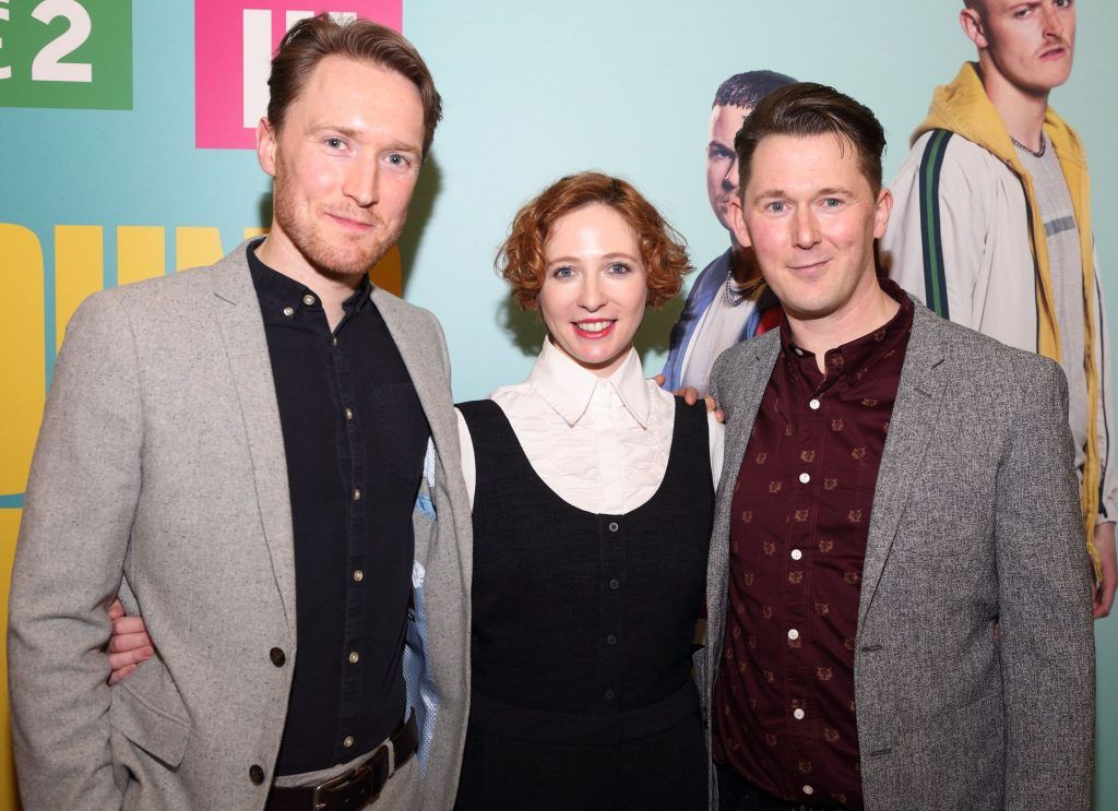 Dominic MacHale, Orla Fitzgerald and Shane Casey at the launch of the new Young Offenders television series at the ODEON Cinema in Point Square, Dublin. 'The Young Offenders' debuts on RTE2 on Thursday 8th February at 9.30pm. Photo by Morris Wall