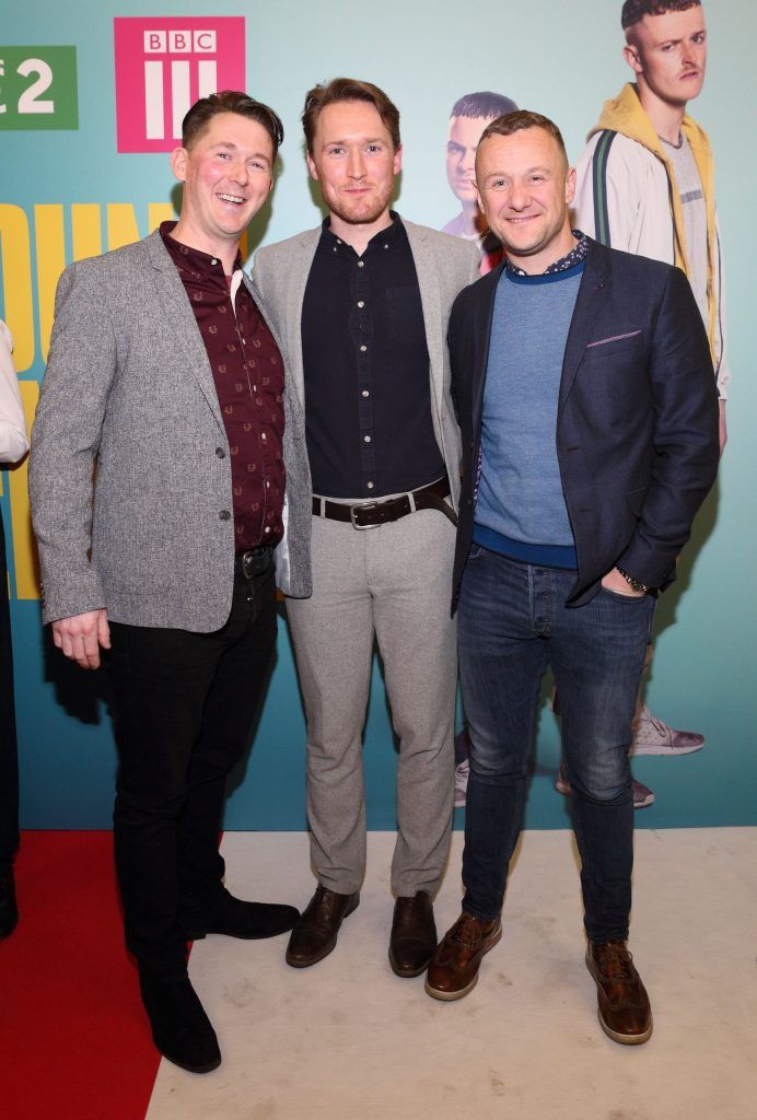 Shane Casey, Dominic MacHale and PJ Gallagher  at the launch of the new Young Offenders television series at the ODEON Cinema in Point Square, Dublin. 'The Young Offenders' debuts on RTE2 on Thursday 8th February at 9.30pm. Photo by Morris Wall