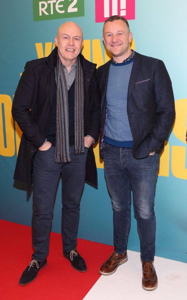 Jim McCabe and PJ Gallagher at the launch of the new Young Offenders television series at the ODEON Cinema in Point Square, Dublin. 'The Young Offenders' debuts on RTE2 on Thursday 8th February at 9.30pm. Photo by Morris Wall