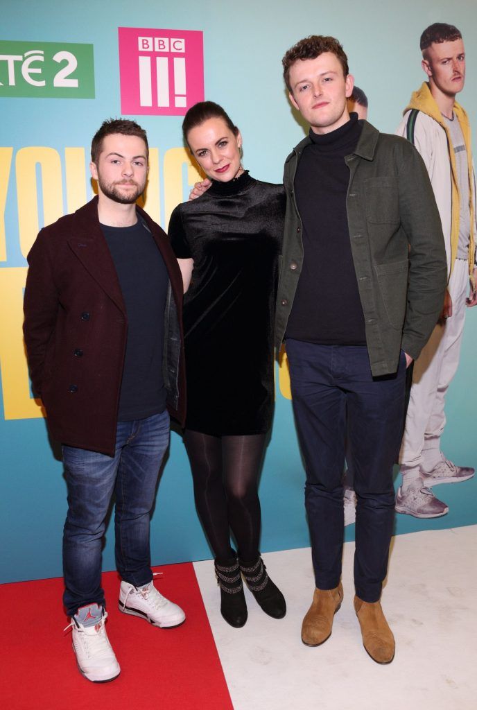 Alex Murphy, Hilary Rose and Chris Walley   at the launch of the new Young Offenders television series at the ODEON Cinema in Point Square, Dublin. 'The Young Offenders' debuts on RTE2 on Thursday 8th February at 9.30pm. Photo by Morris Wall