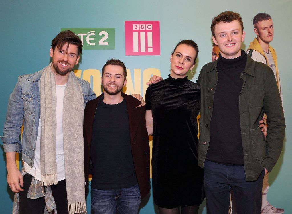 Eoghan McDermott, Alex Murphy, Hilary Rose and Chris Walley at the launch of the new Young Offenders television series at the ODEON Cinema in Point Square, Dublin. 'The Young Offenders' debuts on RTE2 on Thursday 8th February at 9.30pm. Photo by Morris Wall