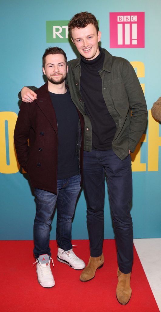 Alex Murphy and Chris Walley at the launch of the new Young Offenders television series at the ODEON Cinema in Point Square, Dublin. 'The Young Offenders' debuts on RTE2 on Thursday 8th February at 9.30pm. Photo by Morris Wall