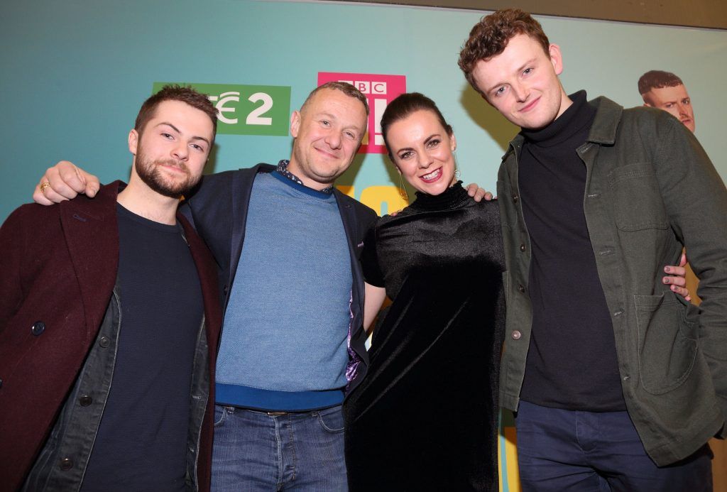Alex Murphy, PJ Gallagher, Hilary Rose and Chris Walley at the launch of the new Young Offenders television series at the ODEON Cinema in Point Square, Dublin. 'The Young Offenders' debuts on RTE2 on Thursday 8th February at 9.30pm. Photo by Morris Wall