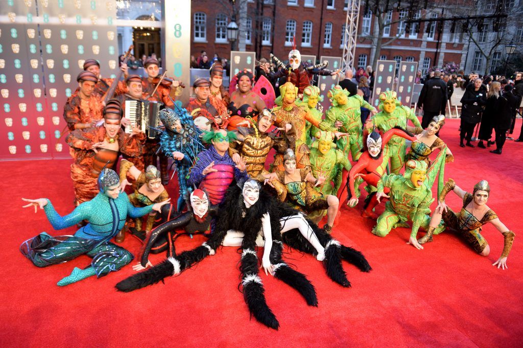 LONDON, ENGLAND - FEBRUARY 18:  Le Cirque du Soleil troup attends the EE British Academy Film Awards (BAFTA) held at Royal Albert Hall on February 18, 2018 in London, England.  (Photo by Jeff Spicer/Jeff Spicer/Getty Images)