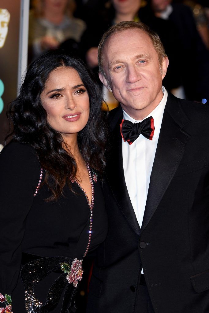 LONDON, ENGLAND - FEBRUARY 18:  Salma Hayek and husband Francois-Henri Pinault attend the EE British Academy Film Awards (BAFTA) held at Royal Albert Hall on February 18, 2018 in London, England.  (Photo by Jeff Spicer/Jeff Spicer/Getty Images)