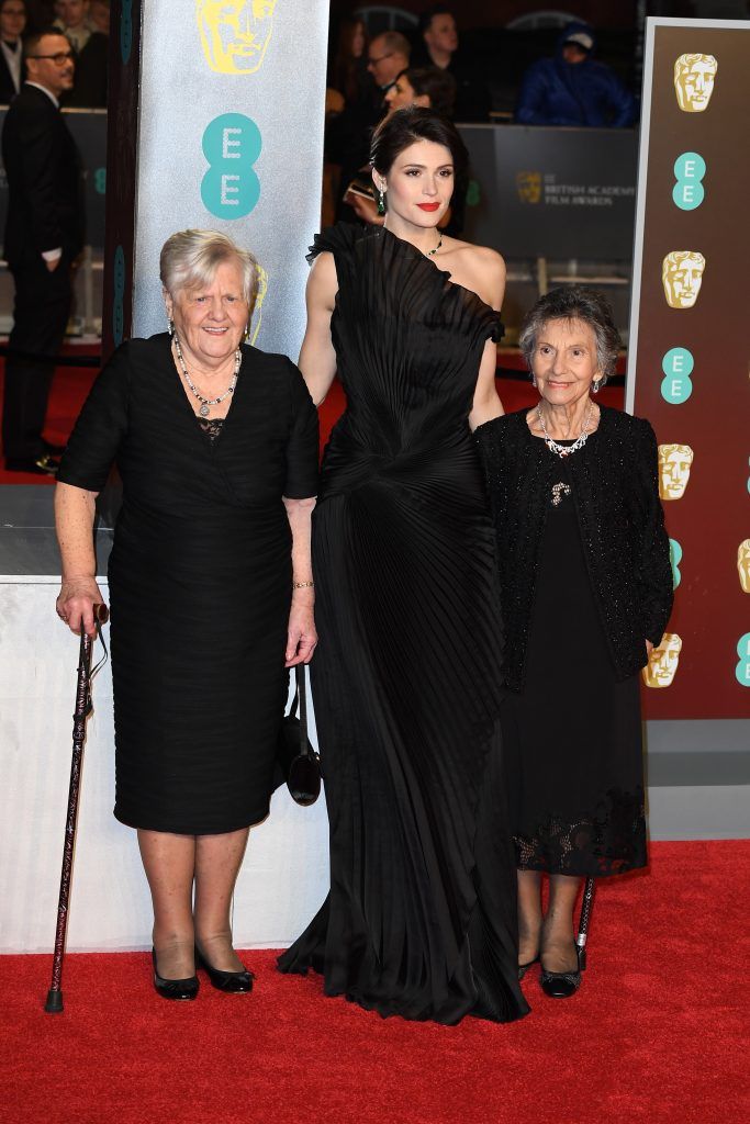 LONDON, ENGLAND - FEBRUARY 18:  Gemma Arterton with Eileen Pullen and Gwen Davis attend the EE British Academy Film Awards (BAFTA) held at Royal Albert Hall on February 18, 2018 in London, England.  (Photo by Jeff Spicer/Jeff Spicer/Getty Images)