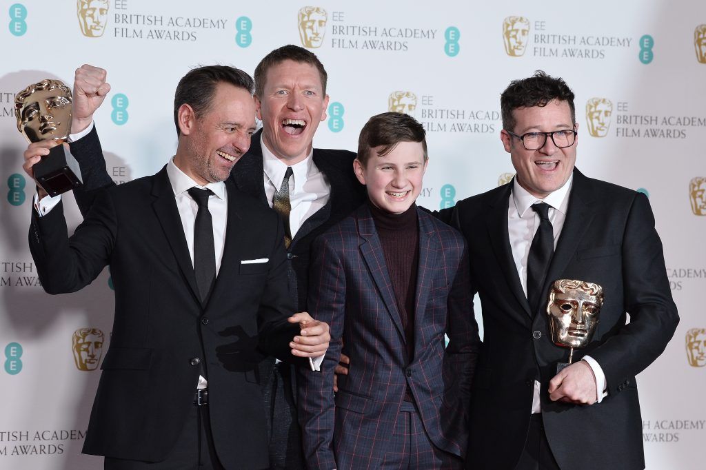 Jonas Mortensen, Sam Spruell, Dylan Naden and Colin O'Toole, winners of the British Short Film award for the movie "Coyboy Dave", pose in the press room during the EE British Academy Film Awards (BAFTA) held at Royal Albert Hall on February 18, 2018 in London, England.  (Photo by Jeff Spicer/Jeff Spicer/Getty Images)