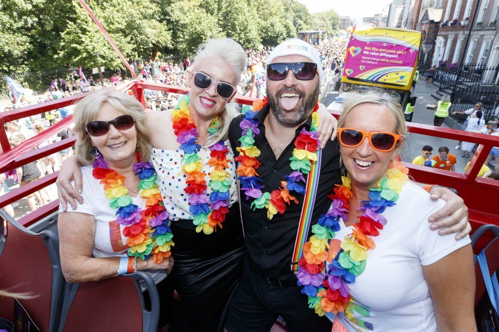 Nancy McKeon, Sharyn Hayden, Rory Carrick and Lynn Carrick pictured on the Mamma Mia! Here We Go Again float at this year's Dublin Pride Parade, Saturday June 30th. Picture Andres Poveda