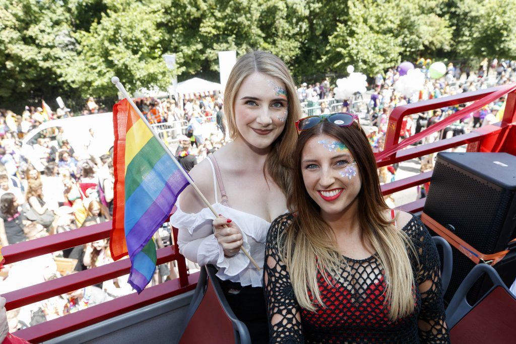 Liz Downey and Alana O'Sullivan pictured on the Mamma Mia! Here We Go Again float at this year's Dublin Pride Parade, Saturday June 30th. Picture Andres Poveda