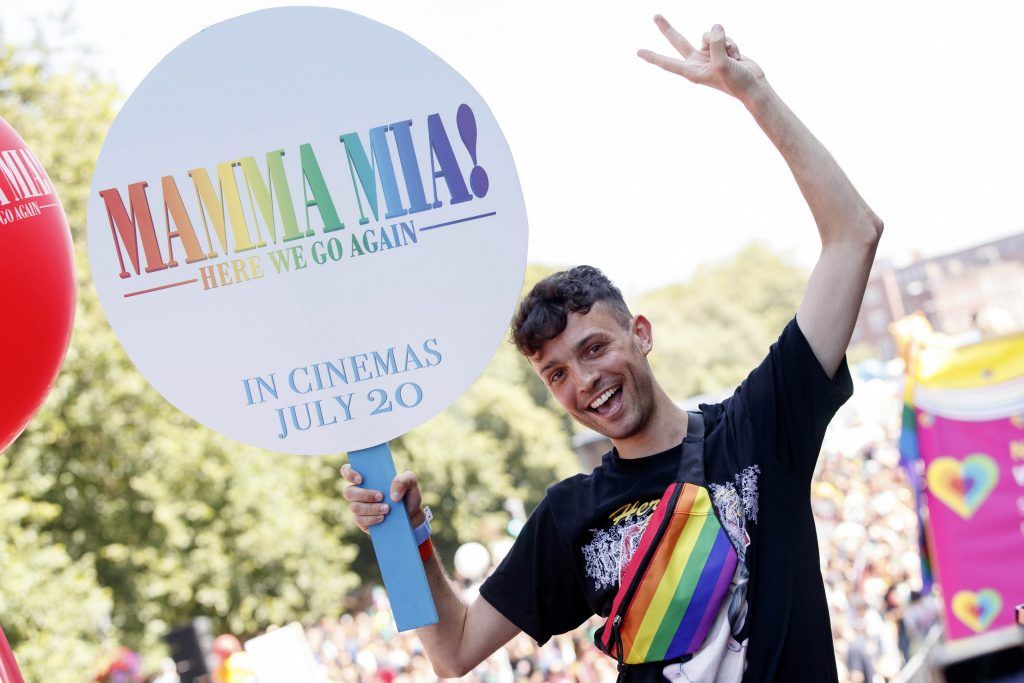 James Kavanagh pictured on the Mamma Mia! Here We Go Again float at this year's Dublin Pride Parade, Saturday June 30th. Picture Andres Poveda