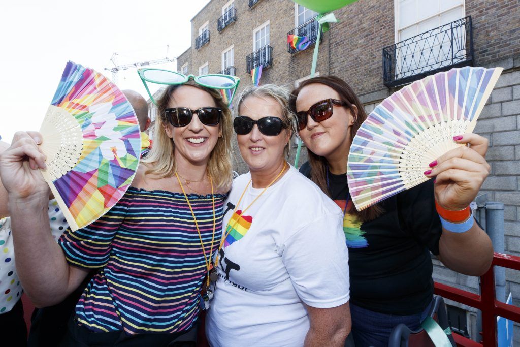 Laura Glennon, Erica Burke and Rebekka Sexton pictured on the Mamma Mia! Here We Go Again float at this year's Dublin Pride Parade, Saturday June 30th. Picture Andres Poveda