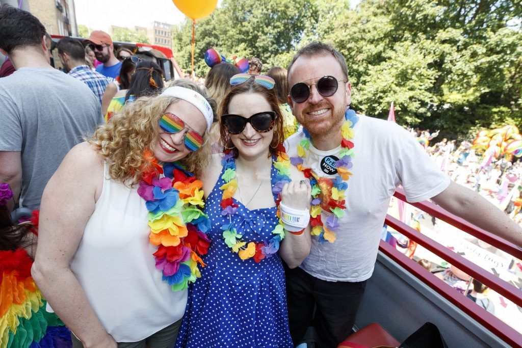Laura MacNaughton and Aisling Bridgeman and Padraig Heneghan pictured on the Mamma Mia! Here We Go Again float at this year's Dublin Pride Parade, Saturday June 30th. Picture Andres Poveda