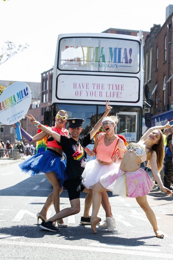 James Kavanagh and dancers pictured on the Mamma Mia! Here We Go Again float at this year's Dublin Pride Parade, Saturday June 30th. Picture Andres Poveda