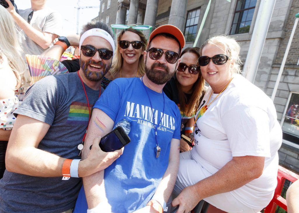Miguel Rivas, Laura Glennon, Dave Burke, Erica Burke and Rebekka Sexton pictured on the Mamma Mia! Here We Go Again float at this year's Dublin Pride Parade, Saturday June 30th. Picture Andres Poveda