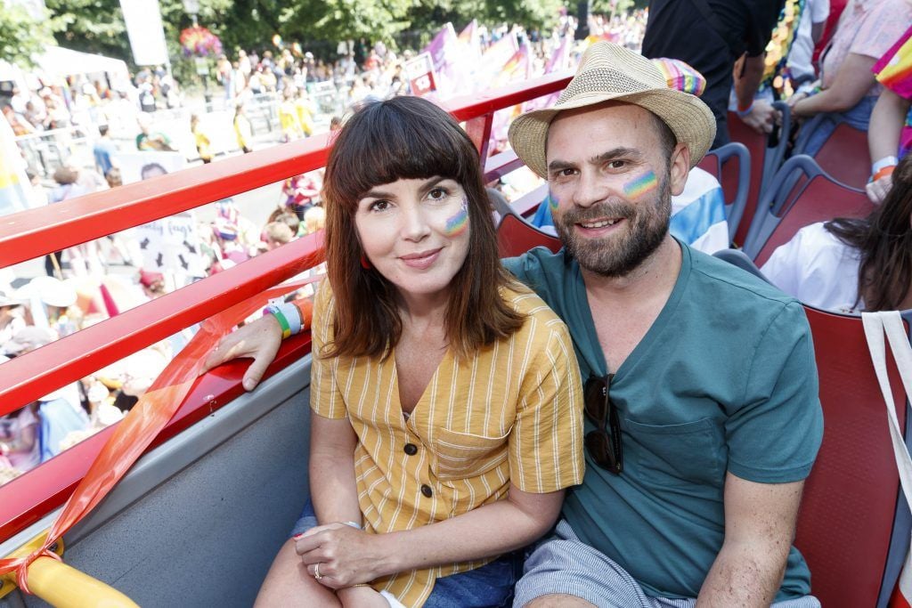Sarah Jane Nally and Joe Nally pictured on the Mamma Mia! Here We Go Again float at this year's Dublin Pride Parade, Saturday June 30th. Picture Andres Poveda
