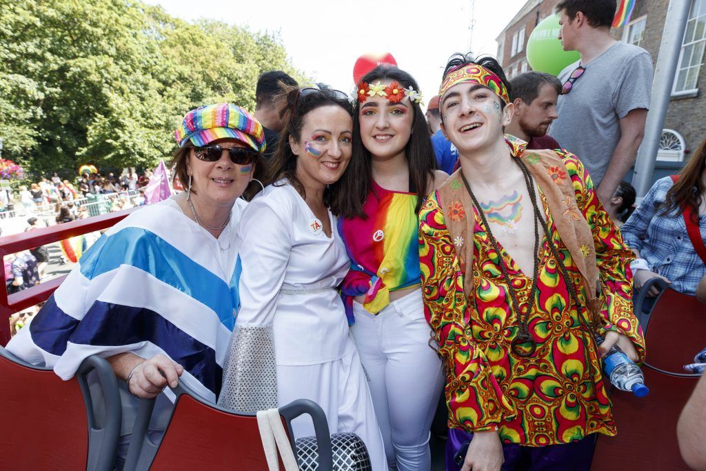 Margaret Kavanagh Anne Kavanagh, Sarah Mulligan and Seán Mulligan pictured on the Mamma Mia! Here We Go Again float at this year's Dublin Pride Parade, Saturday June 30th. Picture Andres Poveda