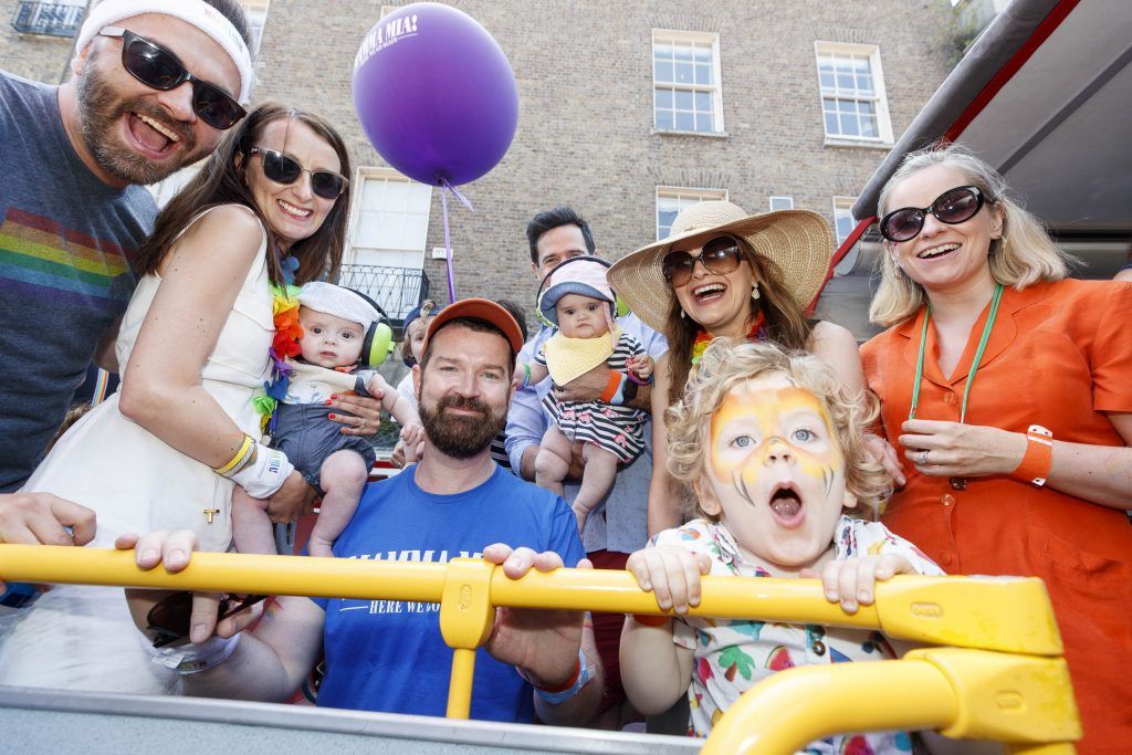 Miguel Rivas, Aoife Crowley and son Dan, Dave Burke, Fergus and Kerrie McCormack with daughter Vivienne and Cuan and Sinead Ryan pictured on the Mamma Mia! Here We Go Again float at this year's Dublin Pride Parade, Saturday June 30th. Picture Andres Poveda