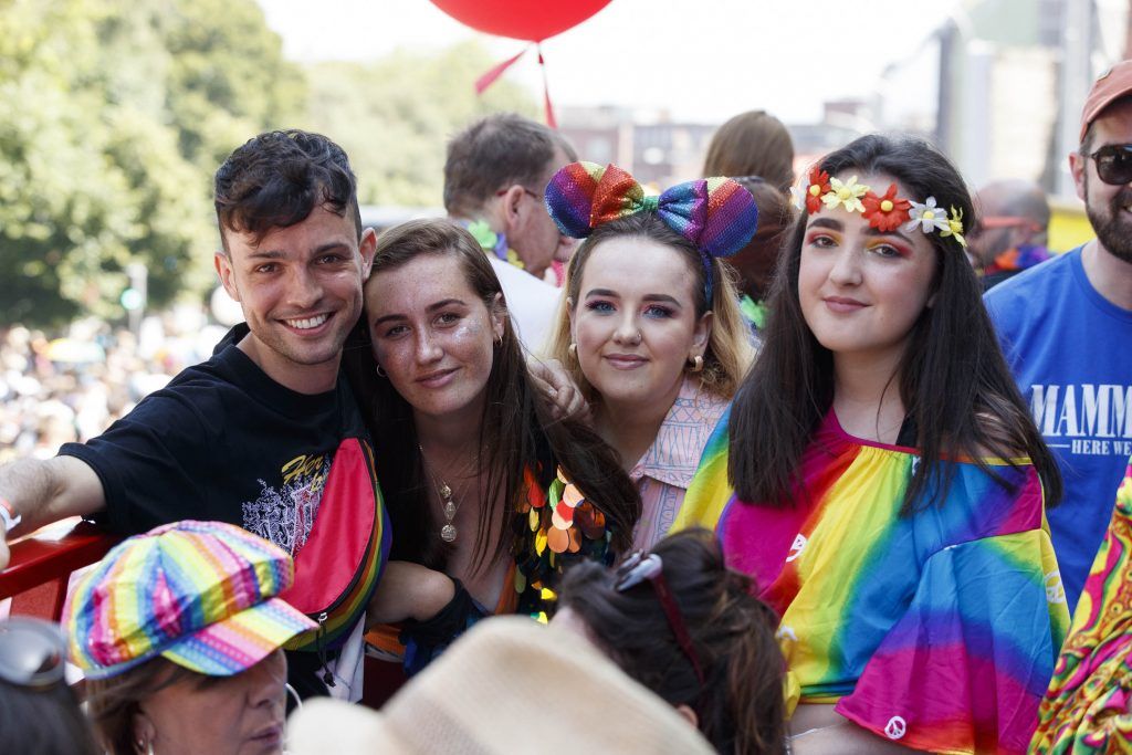 James Kavanagh with Madison Cawley, Jordan and Sarah Mulligan pictured on the Mamma Mia! Here We Go Again float at this year's Dublin Pride Parade, Saturday June 30th. Picture Andres Poveda