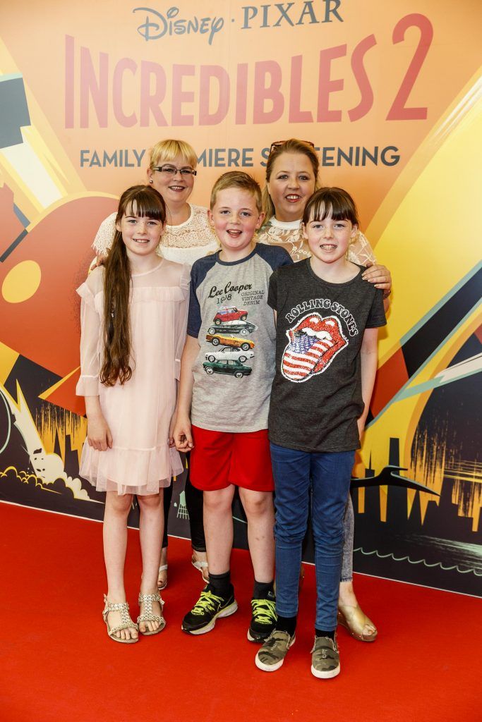 Corrina Stone and Sue Jordan with (from) Aoife Stone, Seamus Stone and Orla Stone from Kildare pictured at the special family preview screening of Incredibles 2 in ODEON Point Village. Picture Andres Poveda