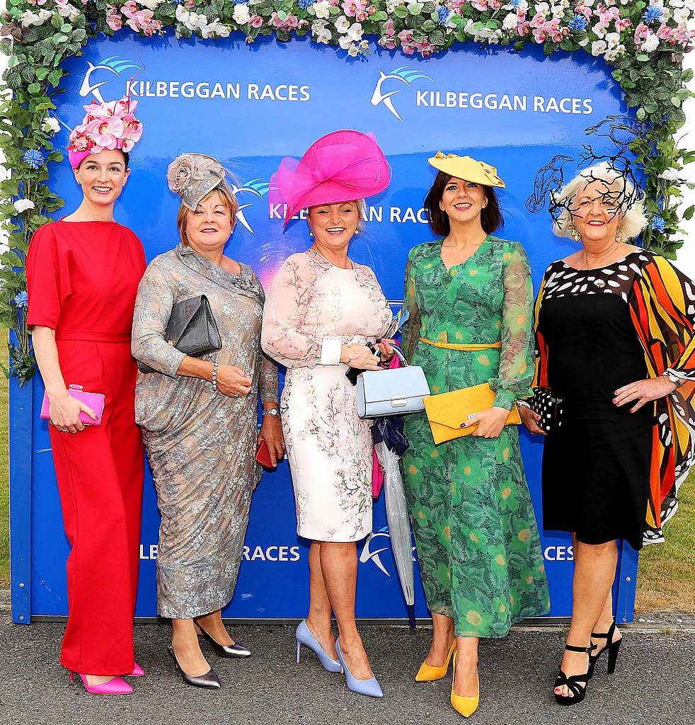 Catherine Buckley, Siobhan Daly, Dana Illes, Liz Kelly and Mary O'Halloran at the Kilbeggan Races Best Dress Lady Competition Sponsored By Bellamianta Luxury Tan and The Wineport Lodge. Picture: Aishling Conway
