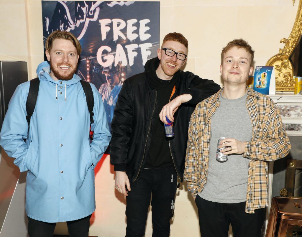 Craig Connolly, Mango and Eric Davidson at the preview night of Red Bull Free Gaff in Dublin City. A three-day house party featuring some of Ireland's hottest artists, including Mango x Mathman, Wyvern Lingo and more. Photo by Kieran Harnett