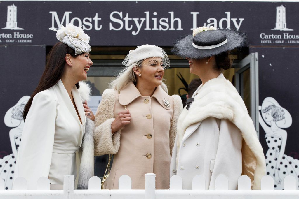 Danella Gardner from Galway, Louise Allen from Slane and Gillian Duggan from Galway pictured for the Carton House Most Stylish Lady competition at the Boylesports Irish Grand National, Fairyhouse Racecourse, Easter Monday 2nd April 2018. Picture Andres Poveda