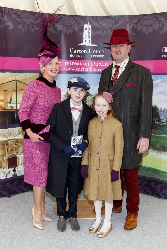 Gillian and Raymond Gilbourne from Kerry with children Patrick (10) and Margaux (8) pictured for the Carton House Most Stylish Lady competition at the Boylesports Irish Grand National, Fairyhouse Racecourse, Easter Monday 2nd April 2018. Picture Andres Poveda