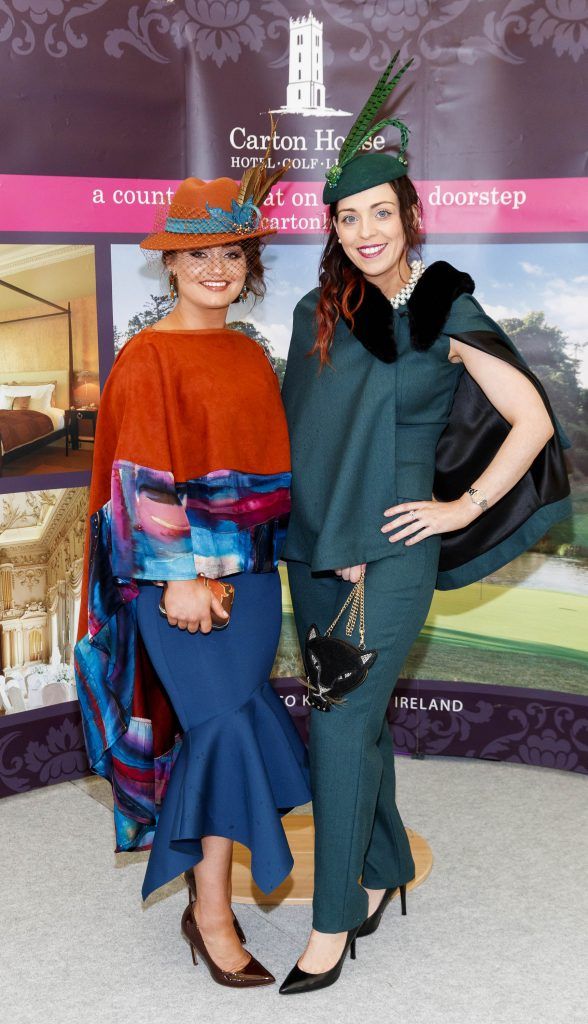 Aimee Farrell from Newry and Emma Curtis from Meath pictured for the Carton House Most Stylish Lady competition at the Boylesports Irish Grand National, Fairyhouse Racecourse, Easter Monday 2nd April 2018. Picture Andres Poveda