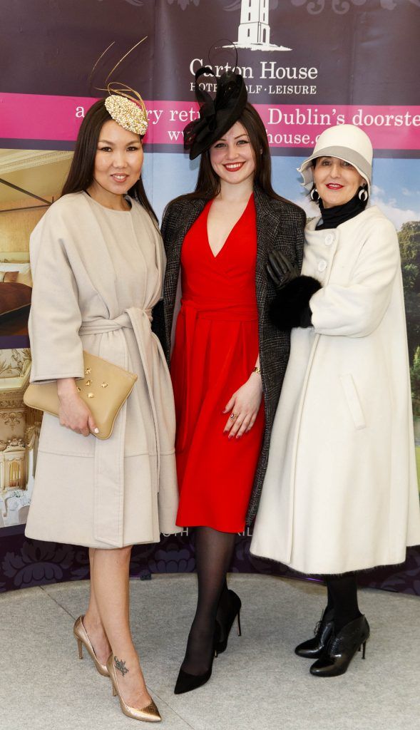 Varya Nansaraeva, Annastaia Rotaru and Peggy Stringer pictured for the Carton House Most Stylish Lady competition at the Boylesports Irish Grand National, Fairyhouse Racecourse, Easter Monday 2nd April 2018. Picture Andres Poveda