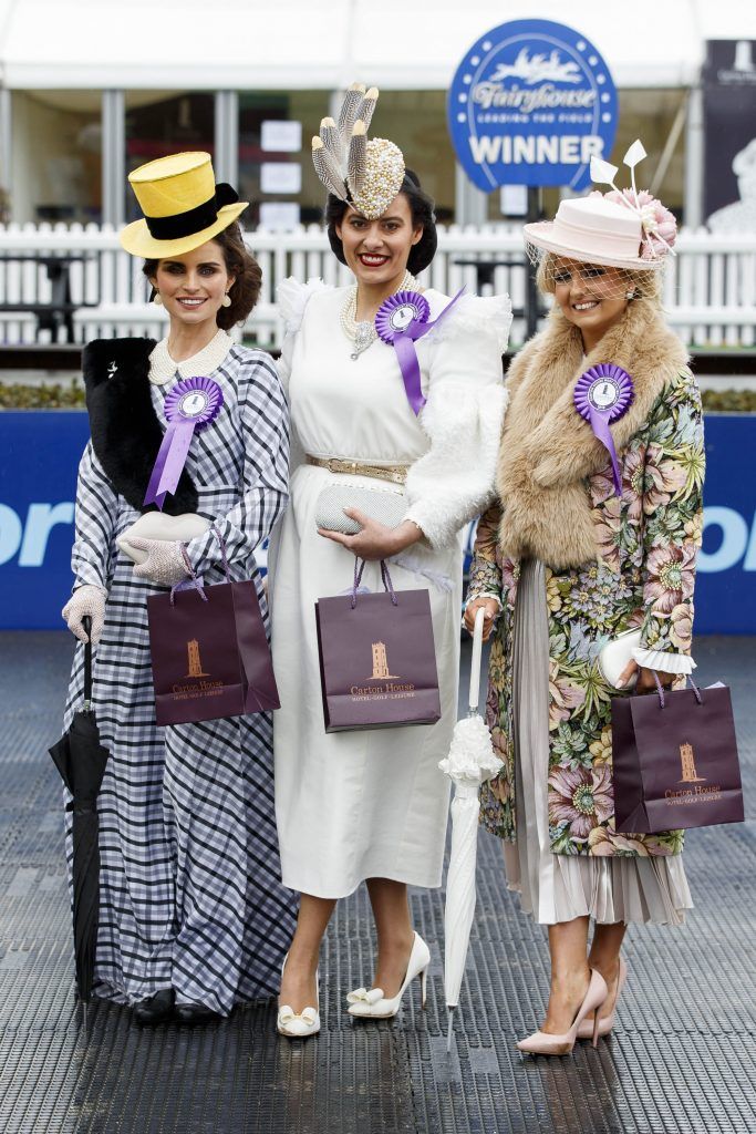 The finalists of the Carton House Most Stylish Lady competition at the Boylesports Irish Grand National, Fairyhouse Racecourse, Easter Monday 2nd April 2018 were from left winner Michele Fallon from Newbridge Co Kildare and runners up Claire Cameron from Castleknock Co Dublin and Donna McLaughlin from Downpatrick. Picture Andres Poveda