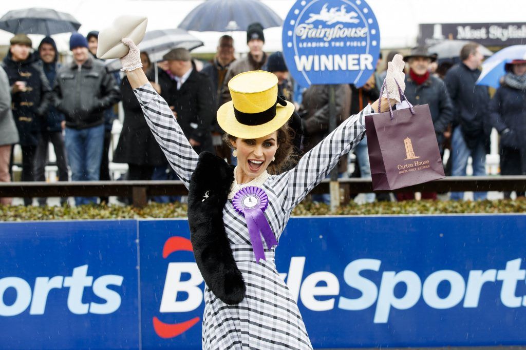 Stylish Michele Fallon from Newbridge Co Kildare took home the coveted title of Carton House Most Stylish Lady standing out from the crowd in her own design (Michele Fallon Millenery).