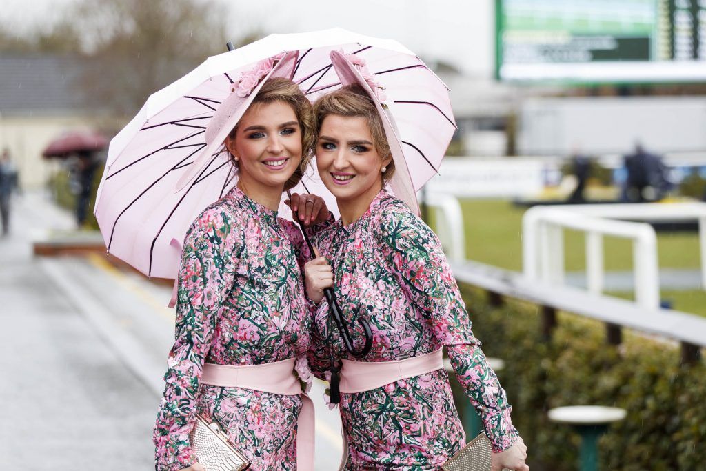 Twins Davina and Dawn Knight from Portarlington Co Offaly   pictured at the Carton  Most Stylish Lady competition at the Boylesports Irish Grand National, Fairyhouse Racecourse. Picture Andres Poveda