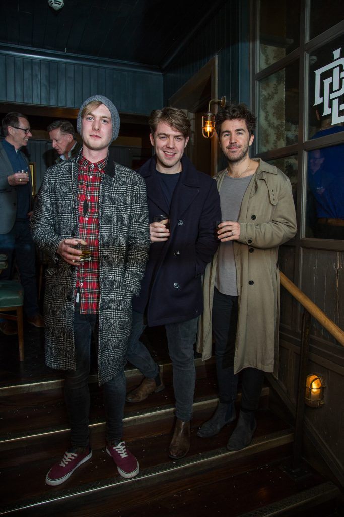 Chris Edwards&  John Doherty of Little Hours & Graham Knox of The Coronas at the launch of The Dead Rabbit Irish Whiskey, a new, super-premium, five-year-old Irish whiskey, in The Rag Trader, Dublin. Photo: Anthony Woods