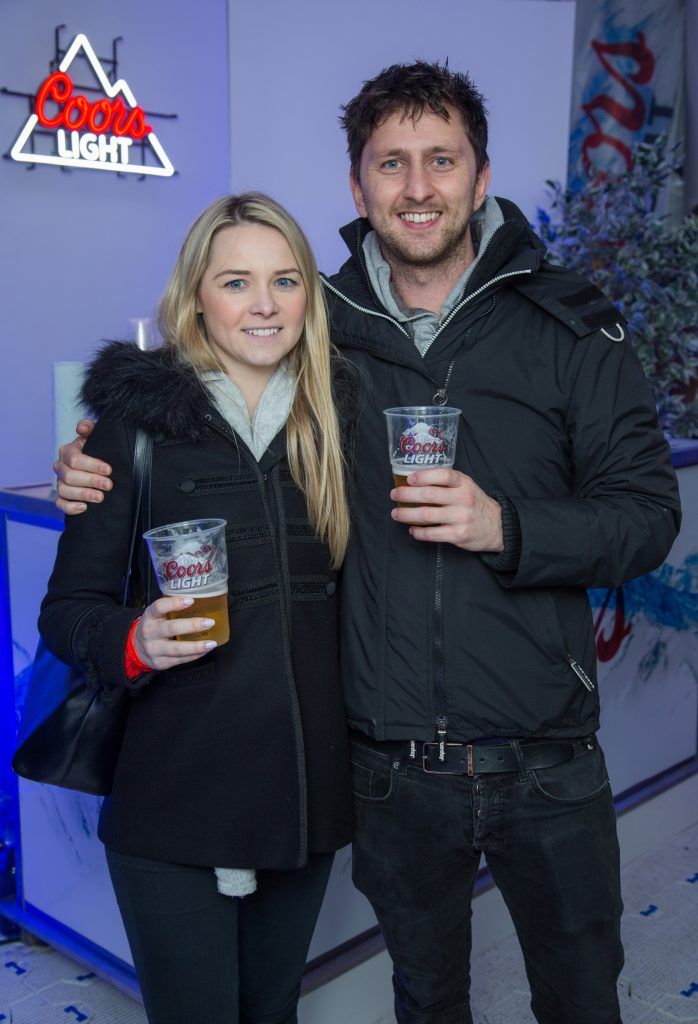 Cara Millaney & Dave Kenny pictured at the Dublin launch of the Coors Light Challenge Rooms, Pembroke Square, Dundrum Town Centre. Photo: Anthony Woods