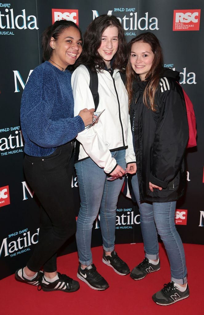 Lea -Lou Laurence, Iris Fourment and Gena Pauline at the opening night of the musical Matilda at The Bord Gais Energy Theatre, Dublin. Photo: Brian McEvoy