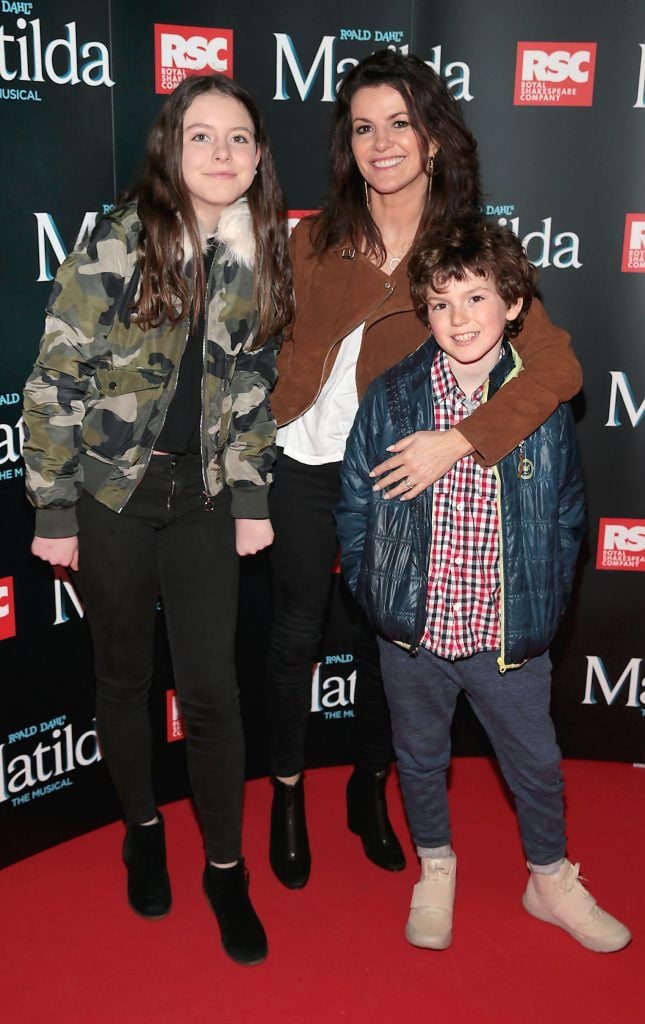 Deirdre O Kane with her children Holly Bradley and Daniel Bradley at the opening night of the musical Matilda at The Bord Gais Energy Theatre, Dublin. Photo: Brian McEvoy