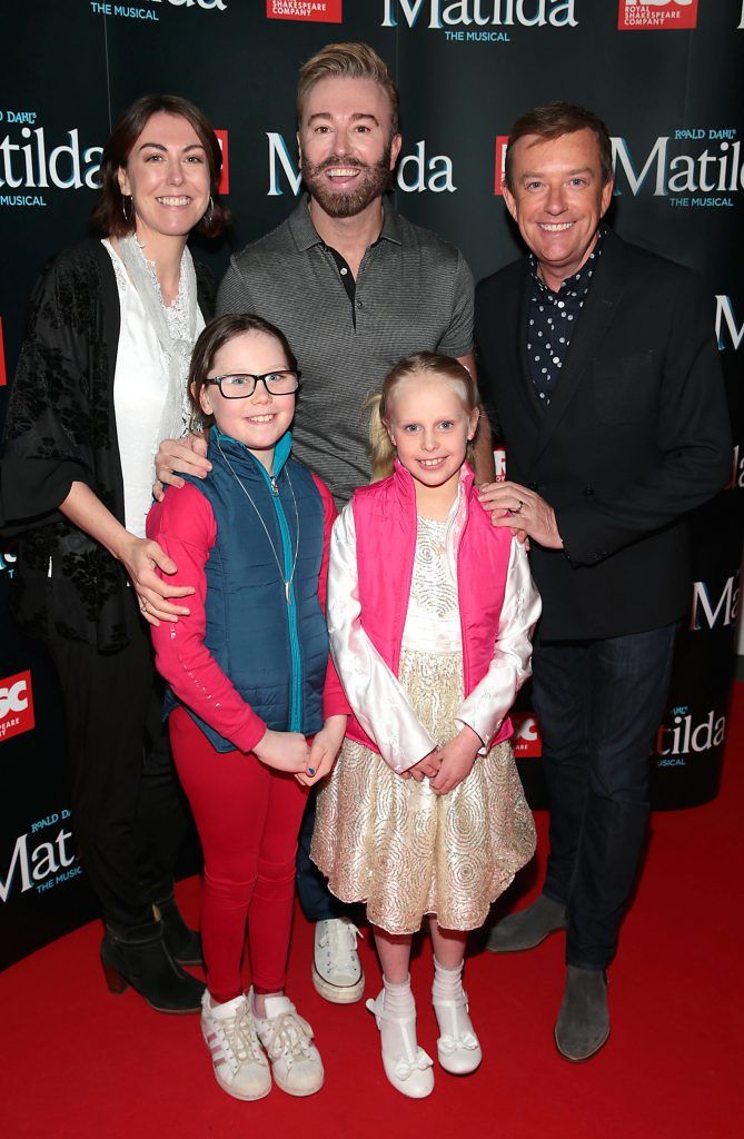 Ann Broderick, Karl Broderick and Alan Hughes with Mia Cunningham and Ella Cunningham at the opening night of the musical Matilda at The Bord Gais Energy Theatre, Dublin. Photo: Brian McEvoy