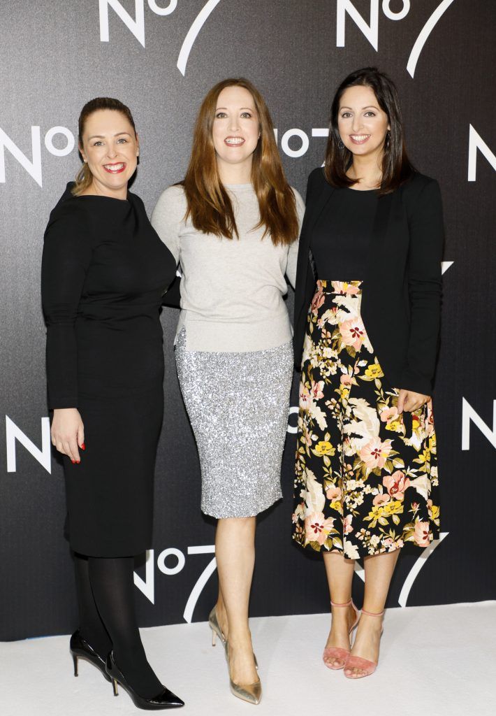 Jacqui Moran, Gillian Hennessy and Siobhán McCaul at the launch of No7 Laboratories and No7 Laboratories Line Correcting Booster Serum at 25 Fitzwilliam Place. Photo Kieran Harnett