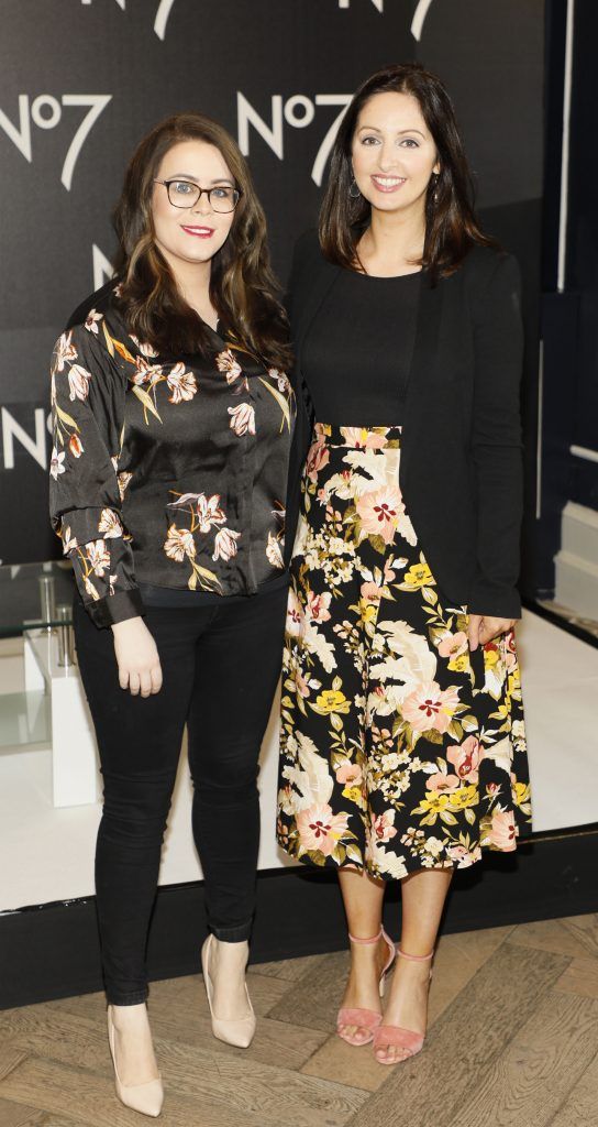 Jennifer Rock and Siobhán McCaul at the launch of No7 Laboratories and No7 Laboratories Line Correcting Booster Serum at 25 Fitzwilliam Place. Photo Kieran Harnett