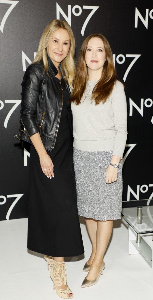 Nadine Baggott and Gillian Hennessy at the launch of No7 Laboratories and No7 Laboratories Line Correcting Booster Serum at 25 Fitzwilliam Place. Photo Kieran Harnett